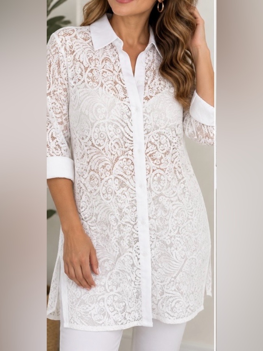 White Lace Button-Front Cover-Up Shirt